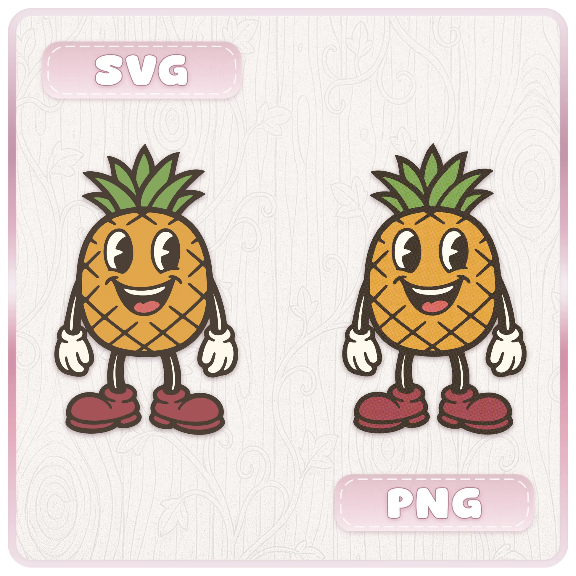 SVG and PNG format preview for retro pineapple mascot clipart, showing fruit character designs for Cricut, Silhouette, sublimation, and digital crafts.