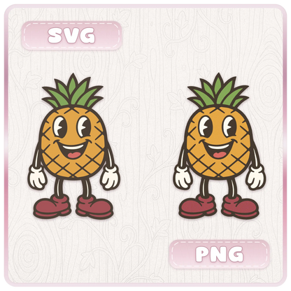 SVG and PNG format preview for retro pineapple mascot clipart, showing fruit character designs for Cricut, Silhouette, sublimation, and digital crafts.