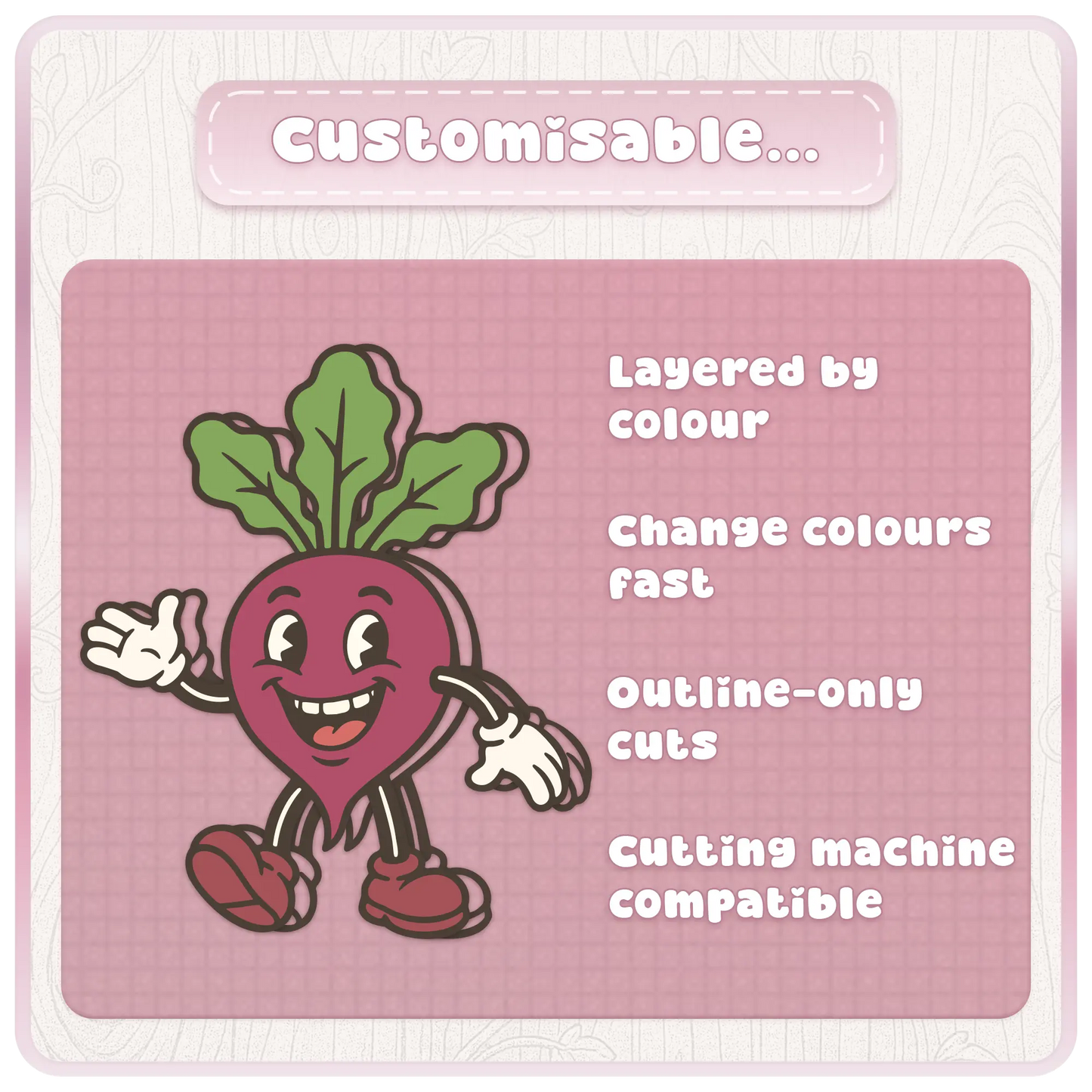 Customisable beetroot retro vegetable mascot SVG preview with layered by colour, fast colour changes, outline-only cuts, and cutting machine compatible design features.