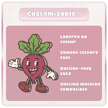 Customisable beetroot retro vegetable mascot SVG preview with layered by colour, fast colour changes, outline-only cuts, and cutting machine compatible design features.