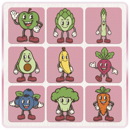 Retro fruit and vegetable mascot clipart bundle preview featuring apple, artichoke, asparagus, avocado, banana, beetroot, blueberry, broccoli, and carrot SVG characters.