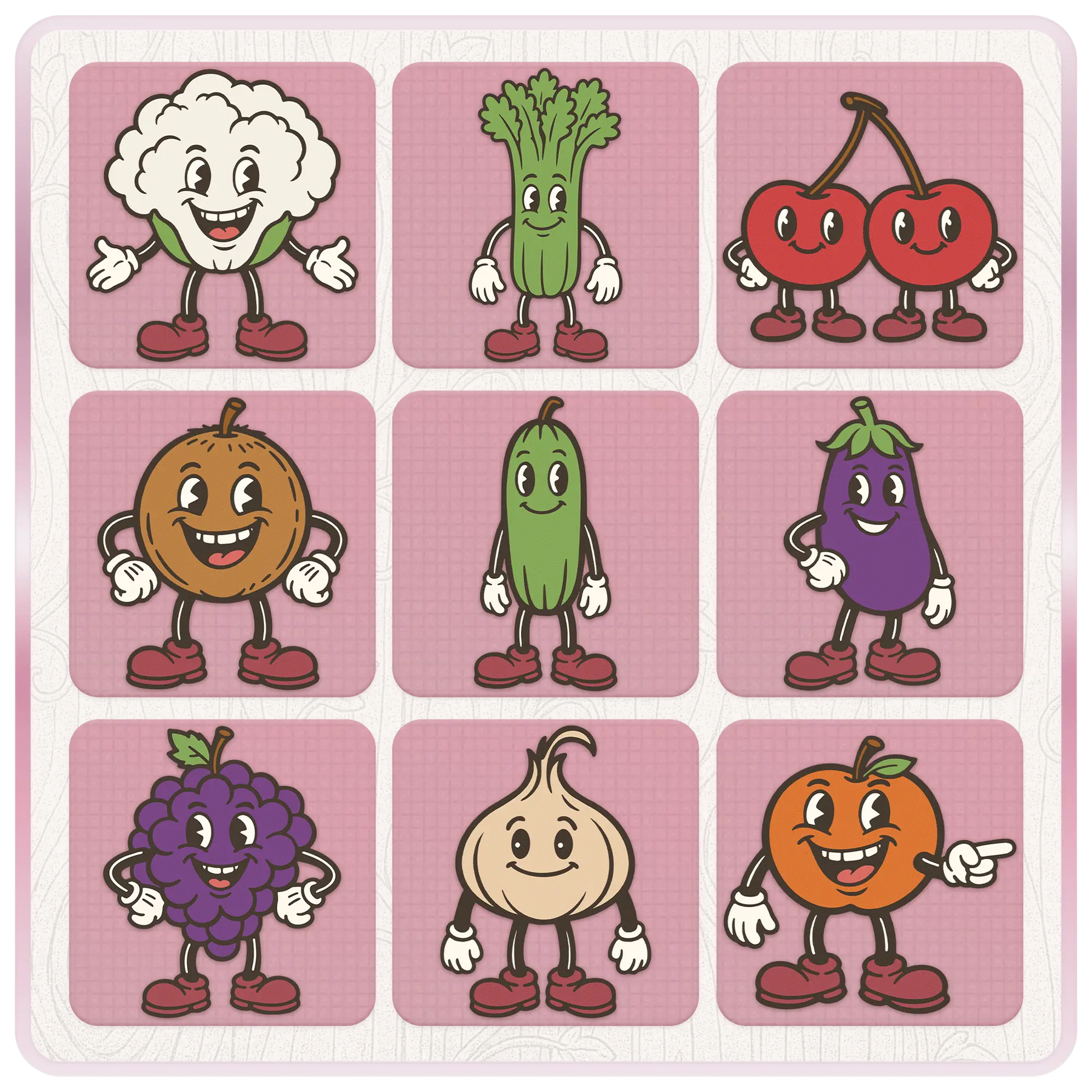 Vintage style fruit and vegetable SVG clipart bundle preview with cauliflower, celery, cherries, coconut, cucumber, eggplant, grapes, onion, and orange mascot characters.