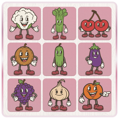 Vintage style fruit and vegetable SVG clipart bundle preview with cauliflower, celery, cherries, coconut, cucumber, eggplant, grapes, onion, and orange mascot characters.