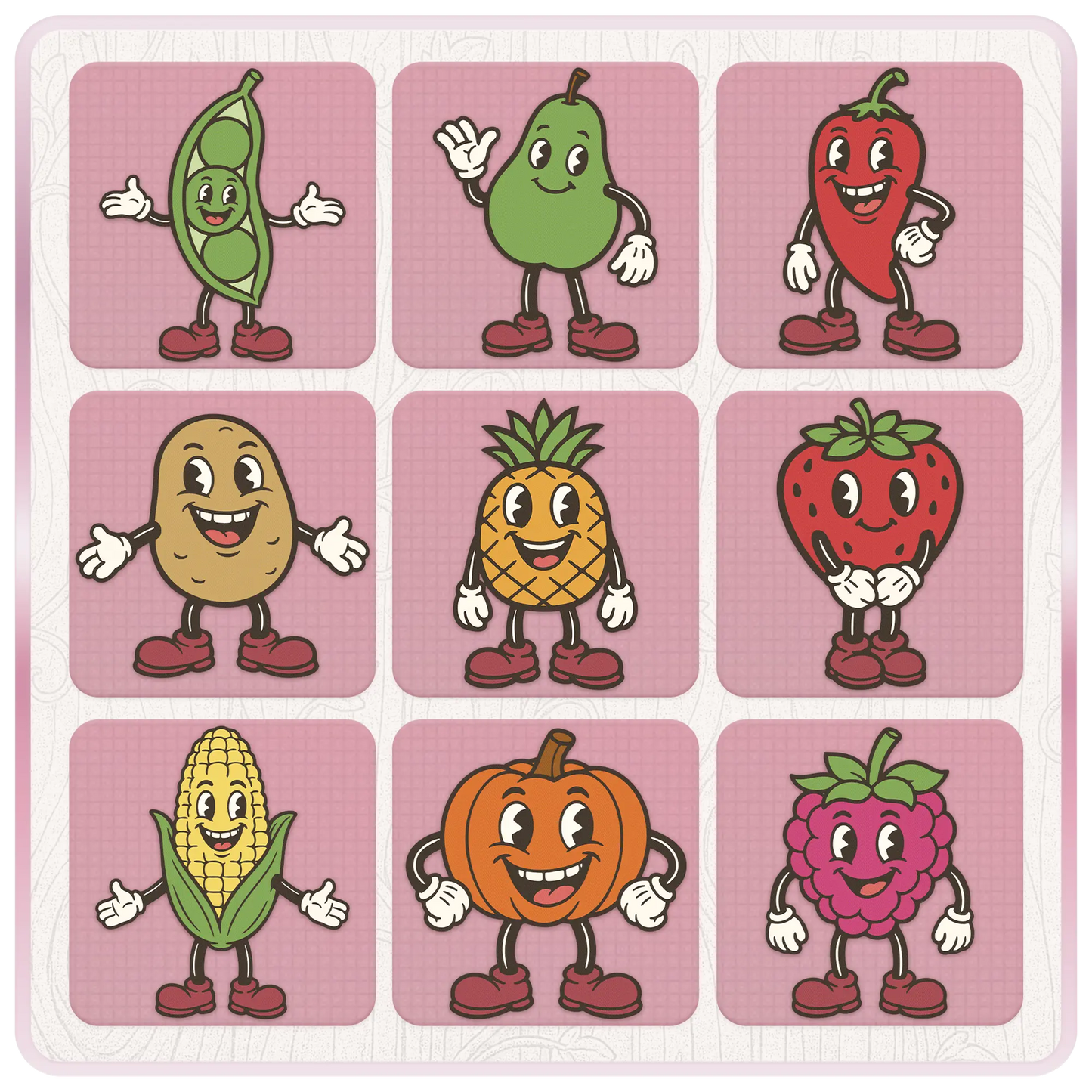 Cute retro food mascot SVG and PNG bundle preview featuring pea, pear, pepper, potato, pineapple, strawberry, pumpkin, sweetcorn, and raspberry cartoon characters.