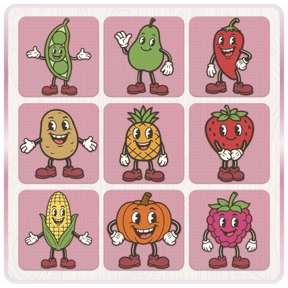 Cute retro food mascot SVG and PNG bundle preview featuring pea, pear, pepper, potato, pineapple, strawberry, pumpkin, sweetcorn, and raspberry cartoon characters.