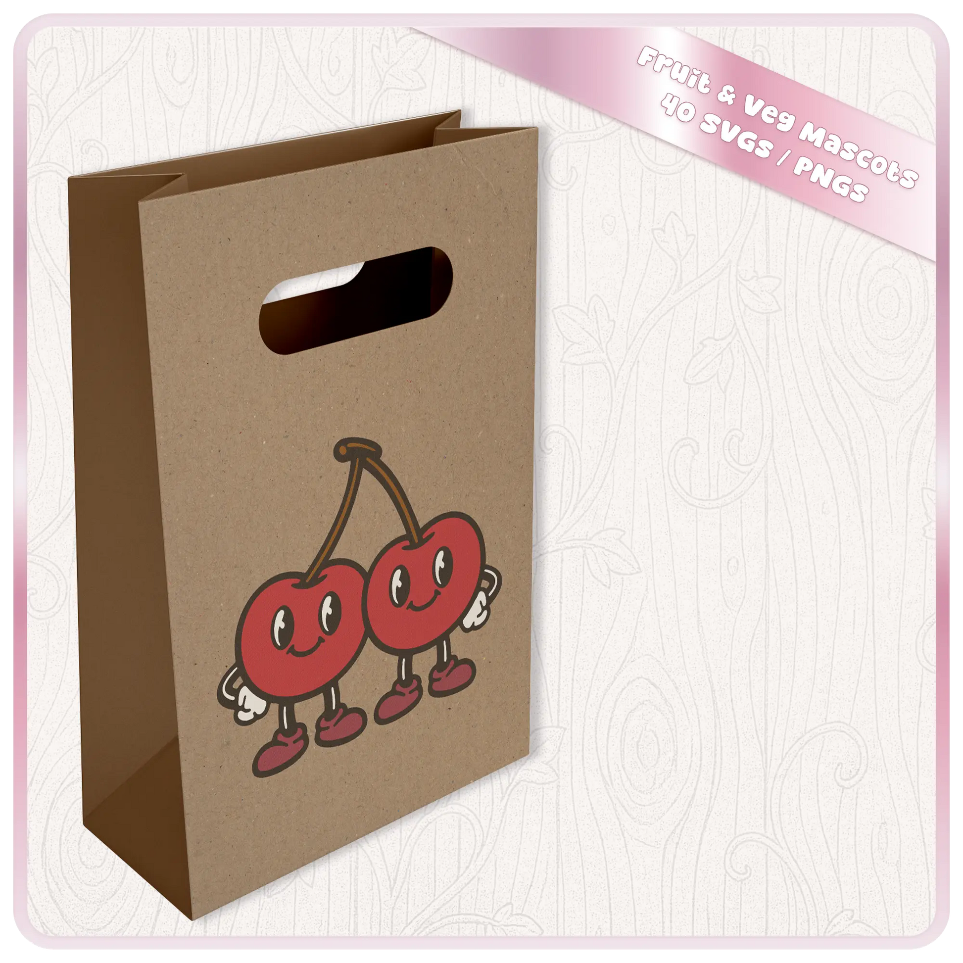 Retro cherries mascot clipart displayed on a kraft gift bag mockup, ideal for fruit SVG crafts, packaging designs, stickers, and printable products.