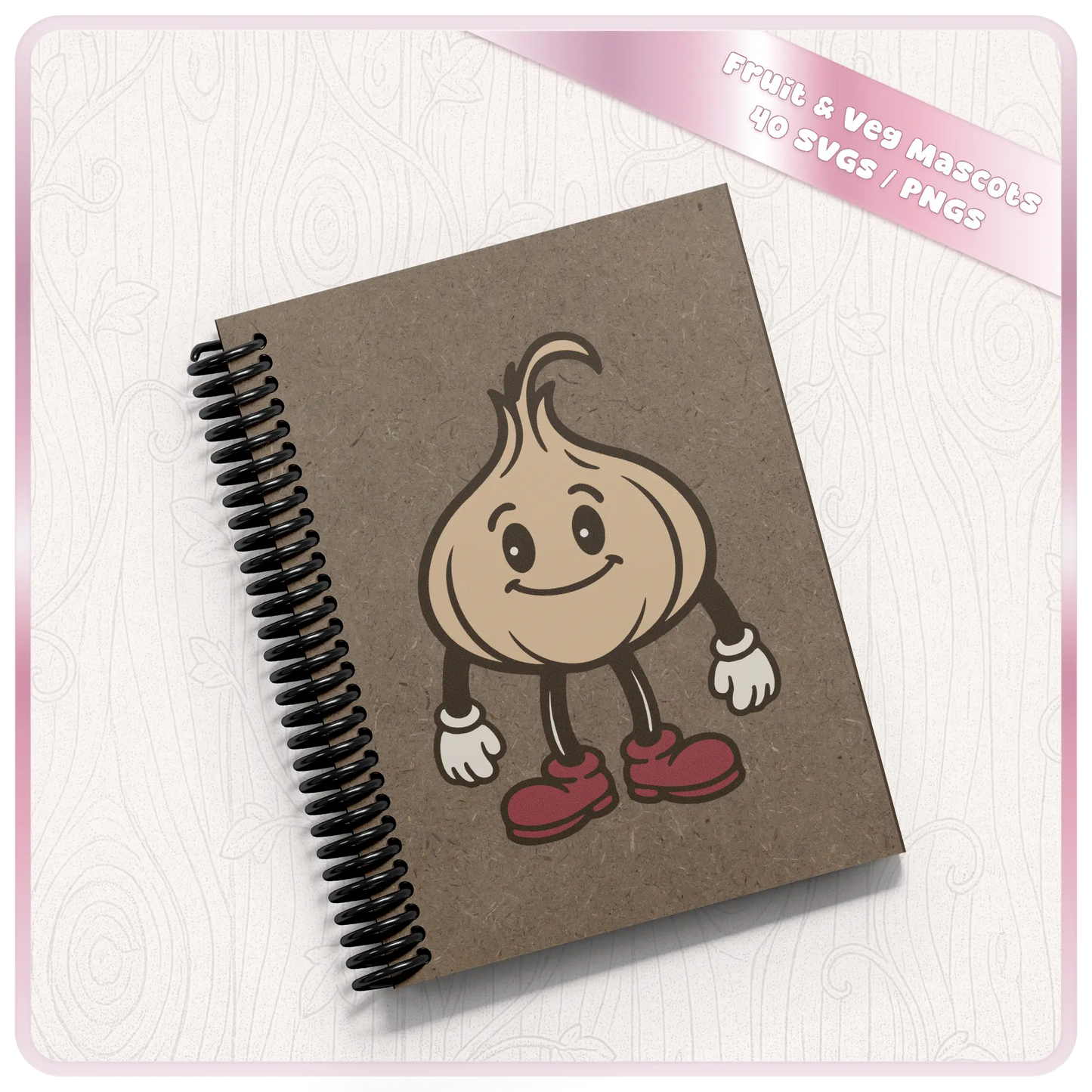 Onion retro vegetable mascot clipart shown on a spiral notebook mockup, perfect for SVG craft projects, stationery, sublimation, and print-on-demand designs.