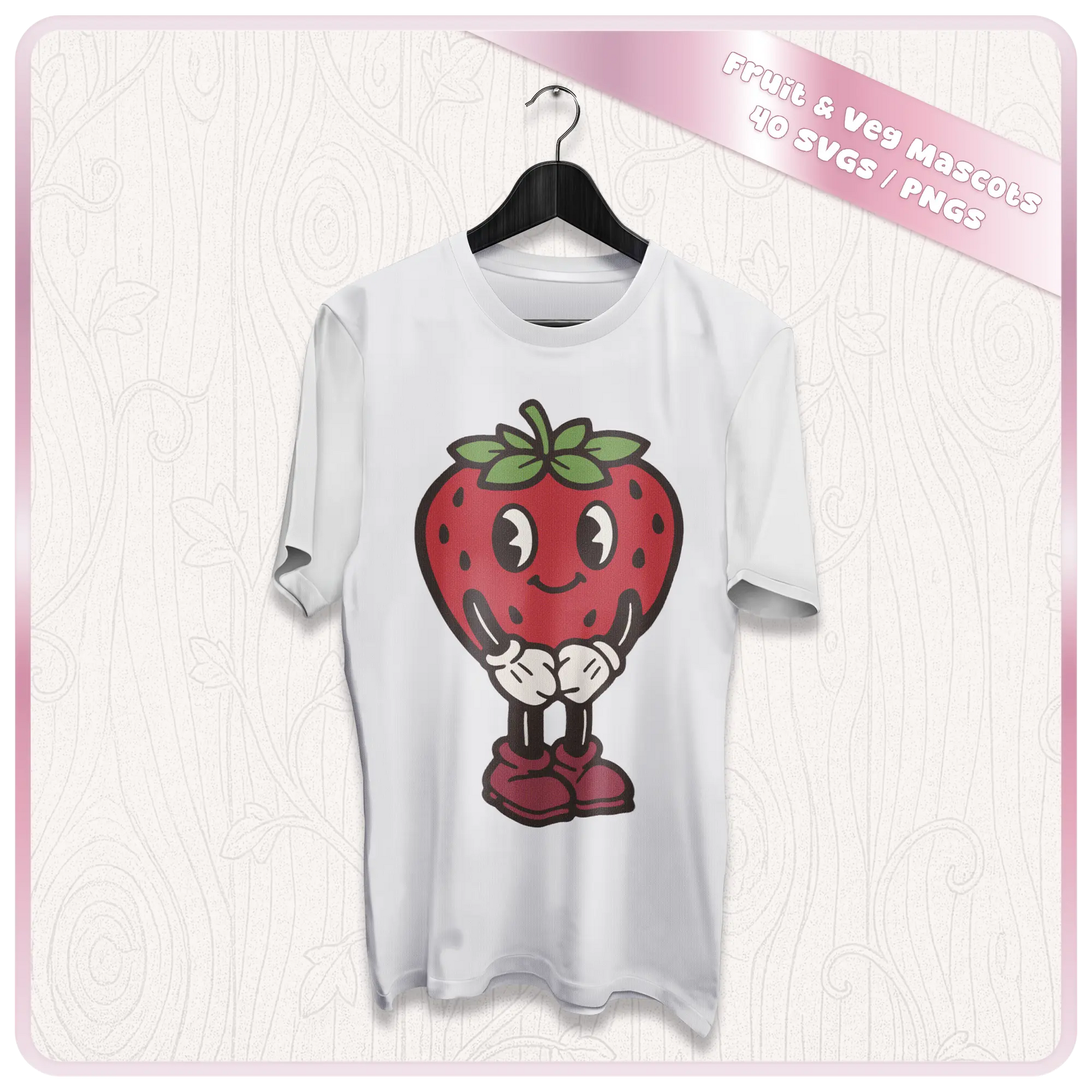Strawberry retro fruit mascot SVG design shown on a white T-shirt mockup for Cricut crafts, sublimation printing, apparel, and handmade shop products.
