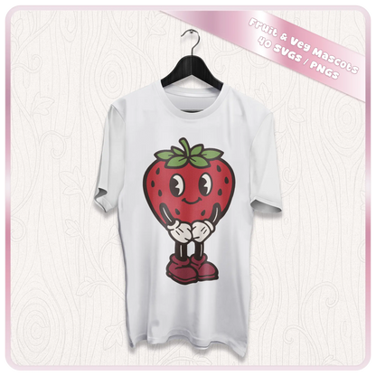Strawberry retro fruit mascot SVG design shown on a white T-shirt mockup for Cricut crafts, sublimation printing, apparel, and handmade shop products.