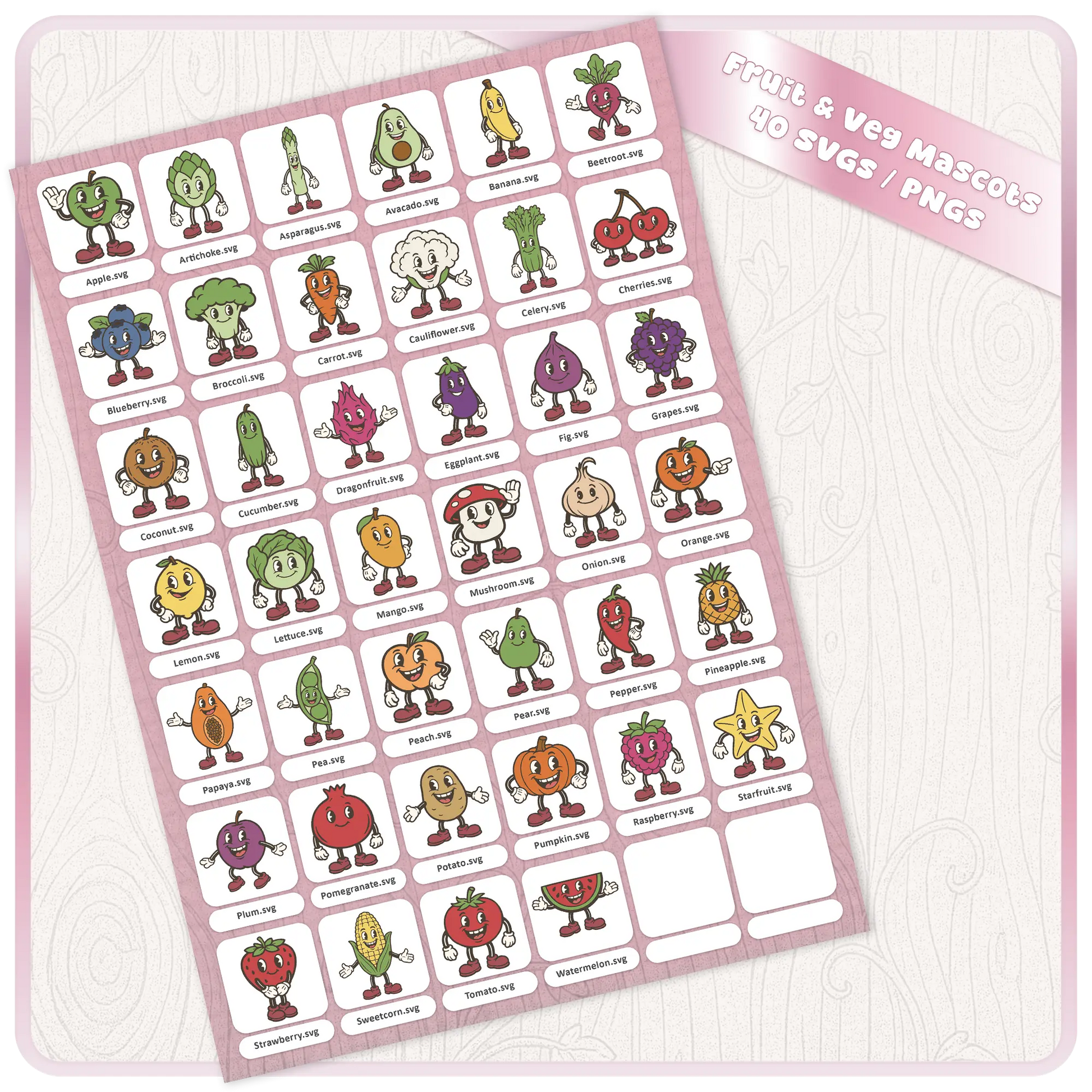 Full fruit and veg retro mascot SVG and PNG bundle preview showing 40 vintage cartoon food characters for digital downloads, clipart, Cricut, and craft projects.