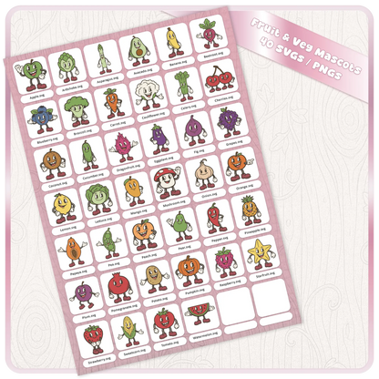 Full fruit and veg retro mascot SVG and PNG bundle preview showing 40 vintage cartoon food characters for digital downloads, clipart, Cricut, and craft projects.