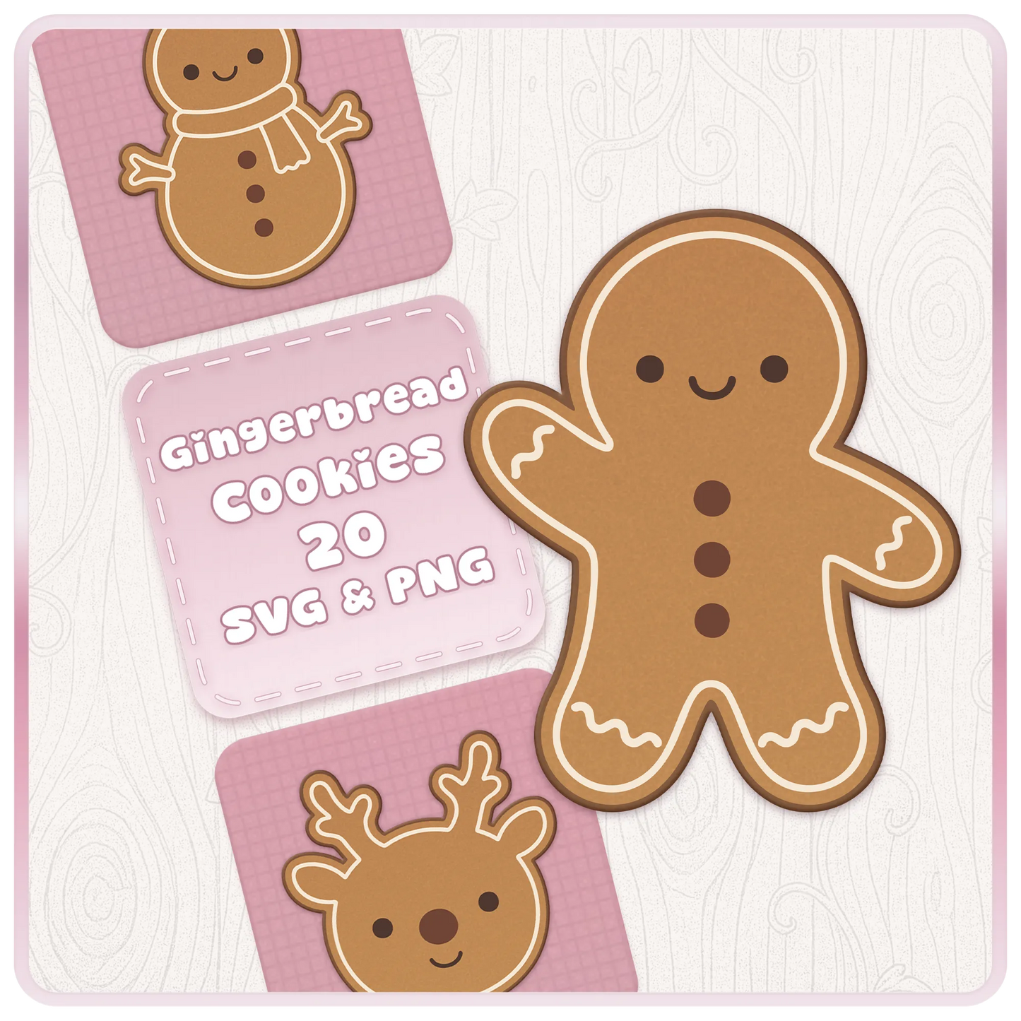 Christmas Gingerbread SVG and PNG bundle cover featuring a cute gingerbread man, snowman and reindeer from a collection of 20 festive cookie designs.
