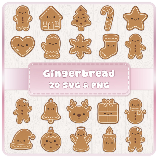 Gingerbread cookies SVG and PNG clipart bundle featuring 20 cute Christmas cookie designs including gingerbread people, house, tree, candy cane, star, snowflake, stocking, bell, reindeer, gift, snowman and angel.