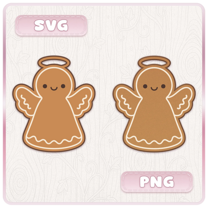 Cute gingerbread angel Christmas design shown in SVG and PNG formats from a 20-piece gingerbread cookie clipart and cut file bundle.