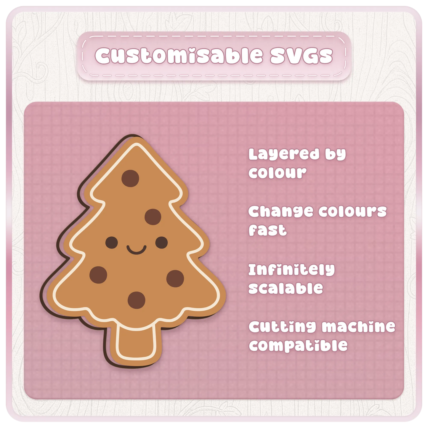 Customisable Christmas tree gingerbread SVG showing layered by colour artwork that can be recoloured, resized and used with cutting machines.