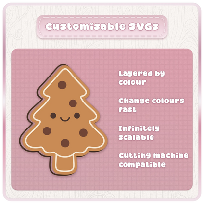Customisable Christmas tree gingerbread SVG showing layered by colour artwork that can be recoloured, resized and used with cutting machines.