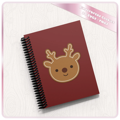 Christmas reindeer gingerbread SVG displayed on a red spiral notebook mockup showing a festive craft project using the gingerbread cut file.