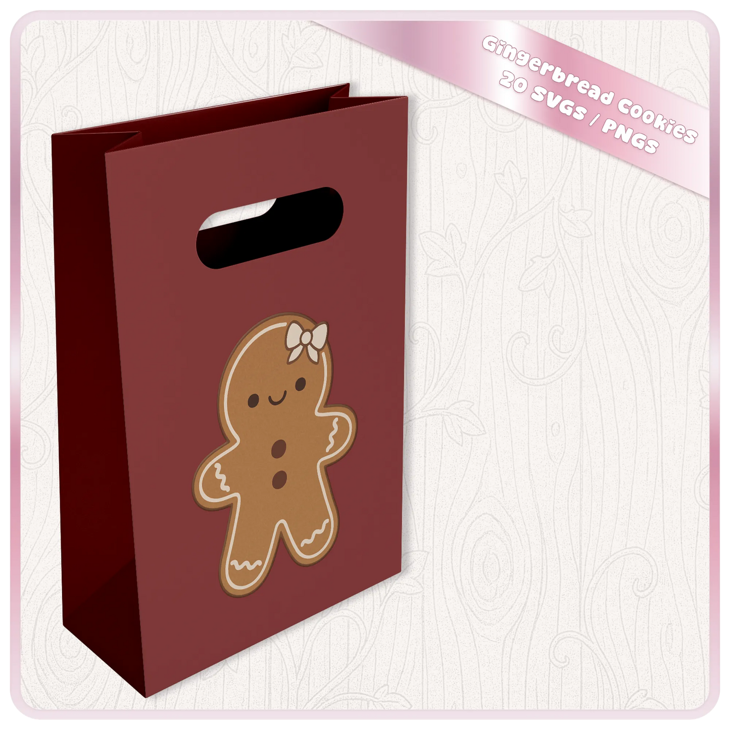 Cute gingerbread girl Christmas SVG displayed on a red gift bag mockup showing a holiday crafting idea using gingerbread cookie clipart.