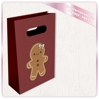 Cute gingerbread girl Christmas SVG displayed on a red gift bag mockup showing a holiday crafting idea using gingerbread cookie clipart.
