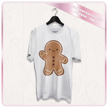 Cute Christmas gingerbread man SVG displayed on a white T-shirt mockup showing a festive apparel project using the gingerbread cookie cut file.