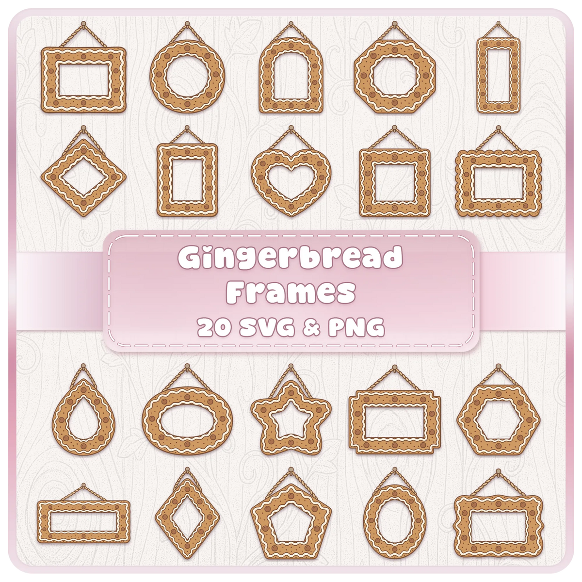 Gingerbread Frames SVG and PNG bundle featuring 20 cute Christmas picture frame clipart designs with icing, chocolate buttons and hanging ropes.
