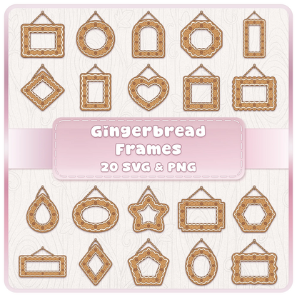 Gingerbread Frames SVG and PNG bundle featuring 20 cute Christmas picture frame clipart designs with icing, chocolate buttons and hanging ropes.