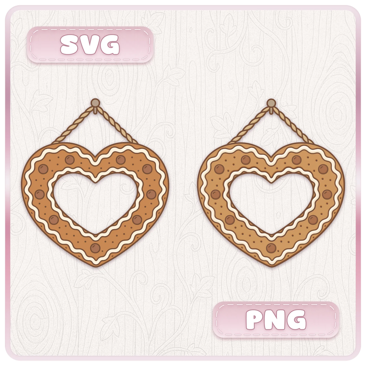 Gingerbread heart frame shown in SVG and PNG formats with white icing, chocolate buttons and rope hanger for Christmas craft projects.