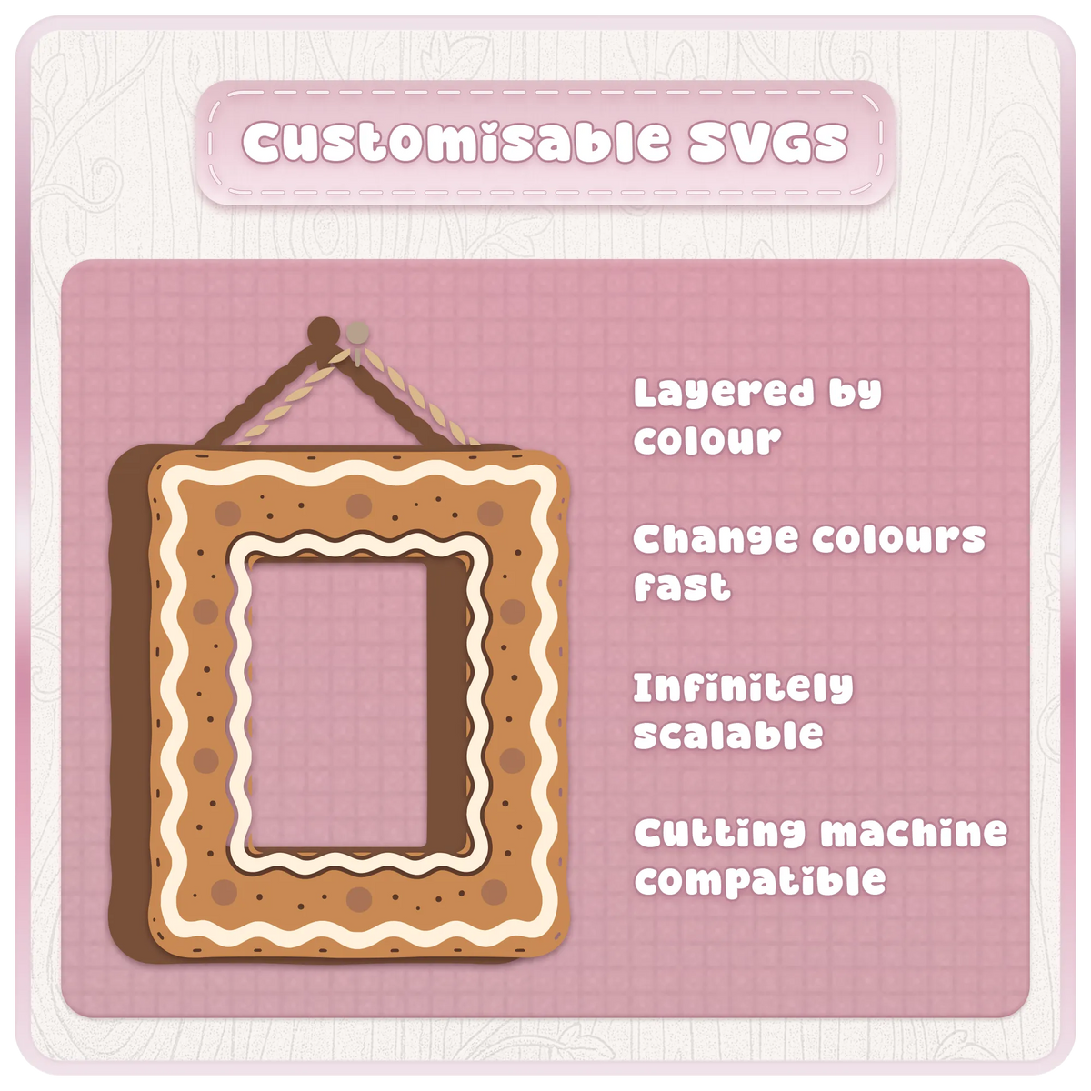 Customisable layered gingerbread frame SVG showing editable colour sections for Cricut and Silhouette Christmas cutting machine crafts.