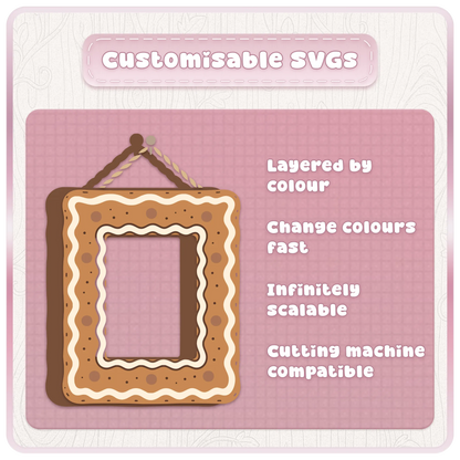 Customisable layered gingerbread frame SVG showing editable colour sections for Cricut and Silhouette Christmas cutting machine crafts.