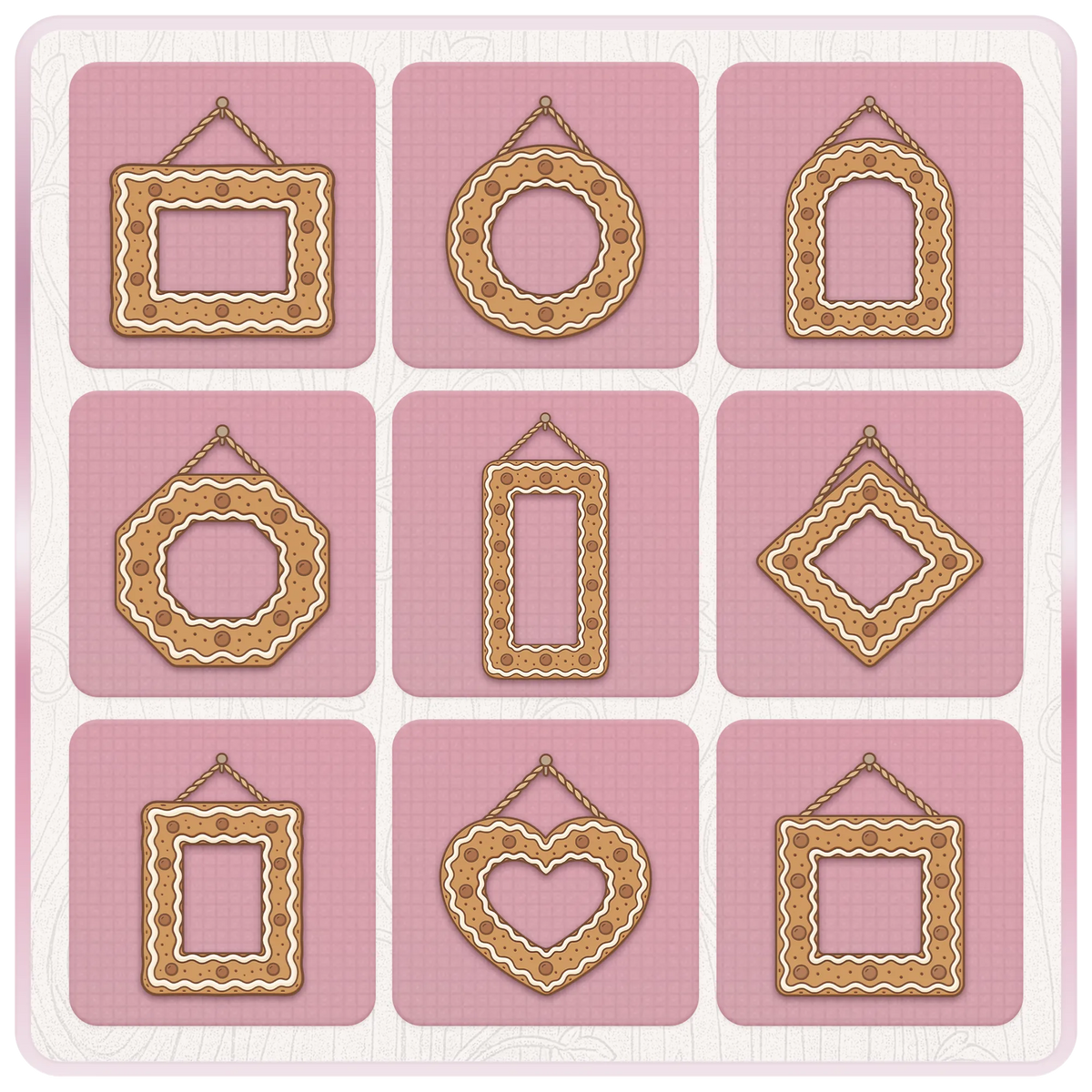 Nine Christmas gingerbread frame SVG and PNG designs including round, heart, diamond, square and rectangular cookie picture frames.