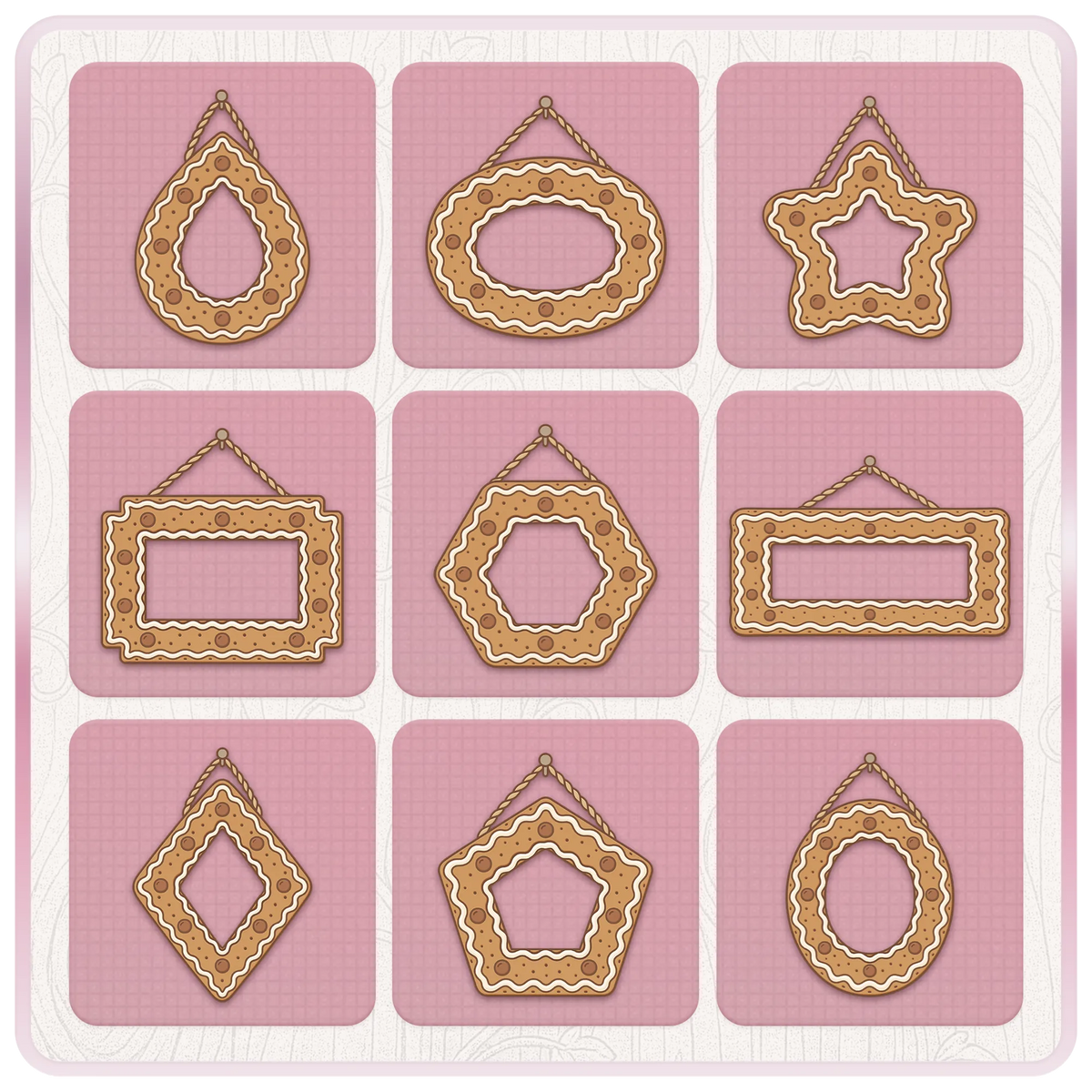 Nine festive gingerbread cookie frame clipart designs with star, teardrop, oval, hexagon and decorative Christmas picture frame shapes.