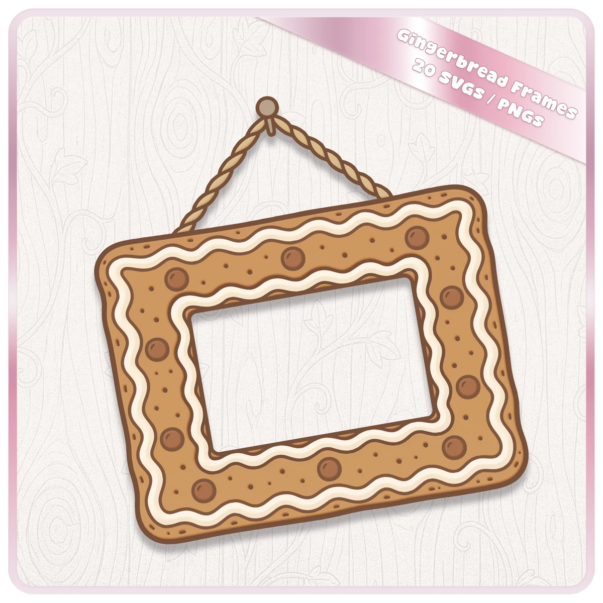 Close-up of a cute rectangular gingerbread Christmas frame with piped white icing, chocolate buttons and decorative rope hanger.