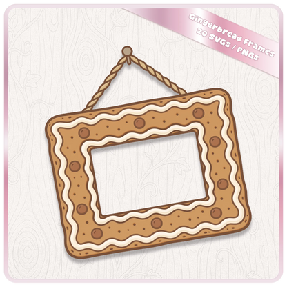 Close-up of a cute rectangular gingerbread Christmas frame with piped white icing, chocolate buttons and decorative rope hanger.