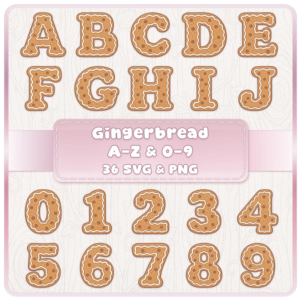 Gingerbread alphabet and numbers SVG PNG bundle featuring 36 Christmas cookie letters and digits with icing and chocolate decorations.