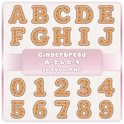 Gingerbread alphabet and numbers SVG PNG bundle featuring 36 Christmas cookie letters and digits with icing and chocolate decorations.