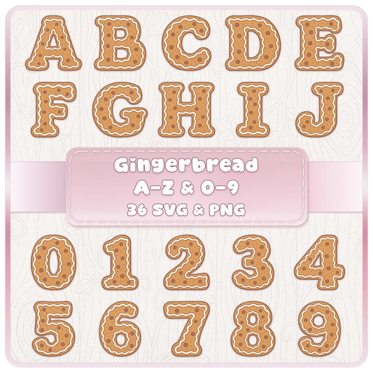 Gingerbread alphabet and numbers SVG PNG bundle featuring 36 Christmas cookie letters and digits with icing and chocolate decorations.