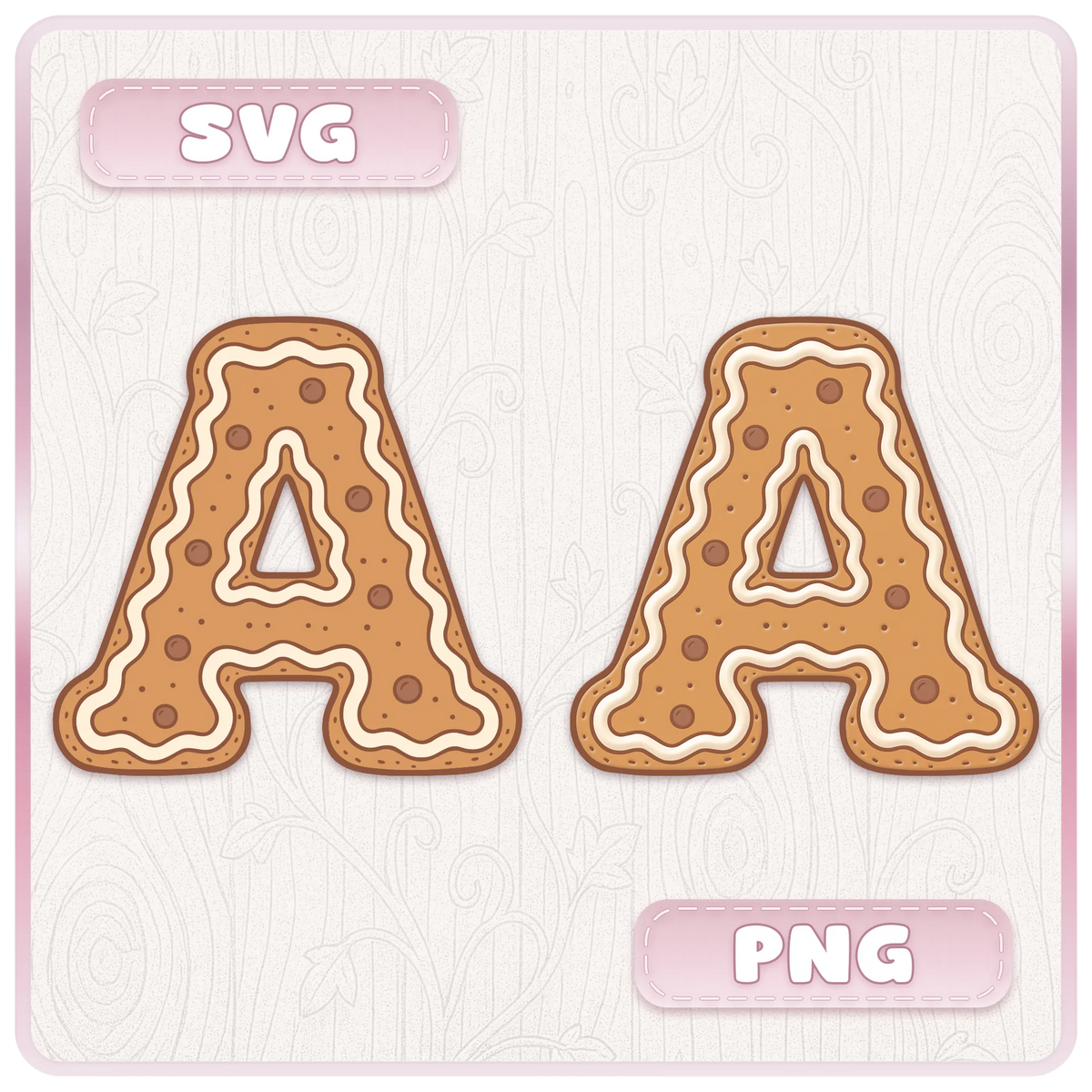 Gingerbread letter A shown as an SVG cut file and PNG clipart with white icing, chocolate buttons and Christmas cookie details.