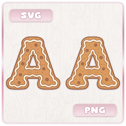 Gingerbread letter A shown as an SVG cut file and PNG clipart with white icing, chocolate buttons and Christmas cookie details.