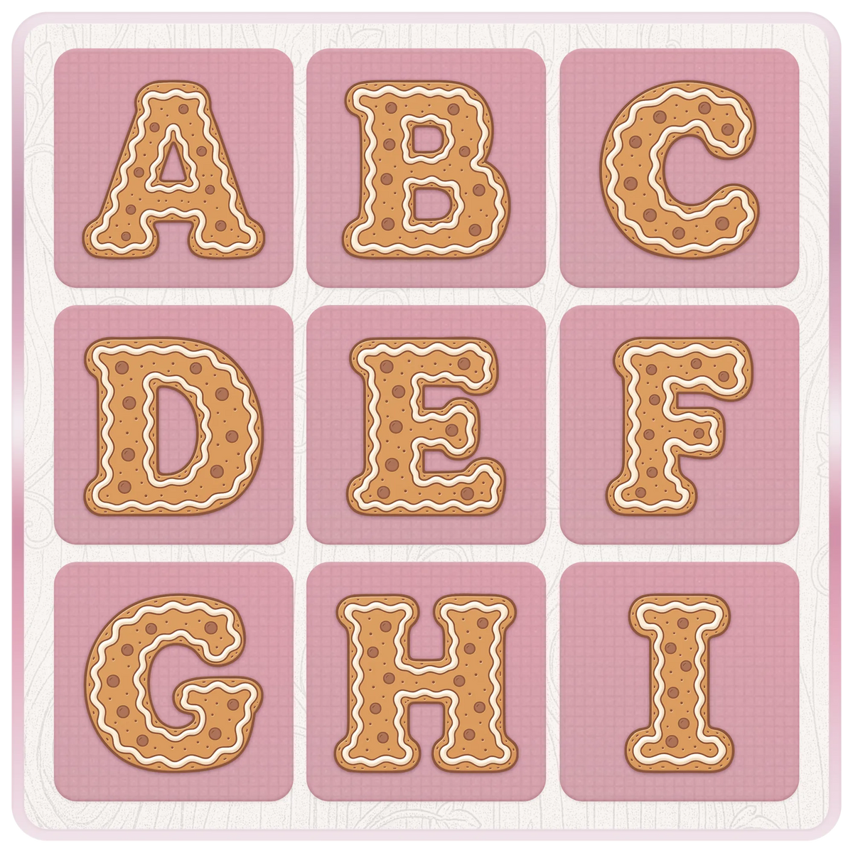 Gingerbread Christmas alphabet SVG PNG clipart letters A to I with cute cookie shapes, white icing outlines and chocolate button details.