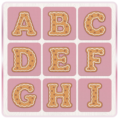 Gingerbread Christmas alphabet SVG PNG clipart letters A to I with cute cookie shapes, white icing outlines and chocolate button details.