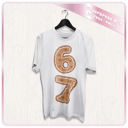 White Christmas T-shirt mockup featuring gingerbread cookie numbers 6 and 7 from the festive SVG PNG alphabet and numbers bundle.
