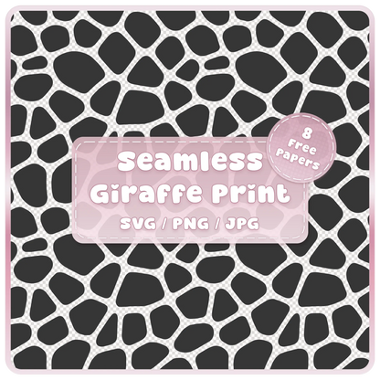 Seamless giraffe animal print pattern SVG PNG JPG digital download with black giraffe spots on transparent background and pink product label.