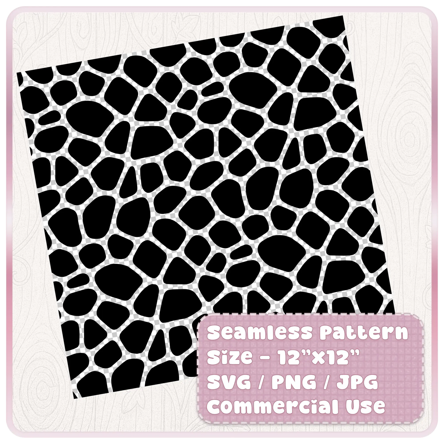 Tileable black giraffe spot seamless pattern digital paper shown as a 12x12 SVG PNG JPG file for commercial use.