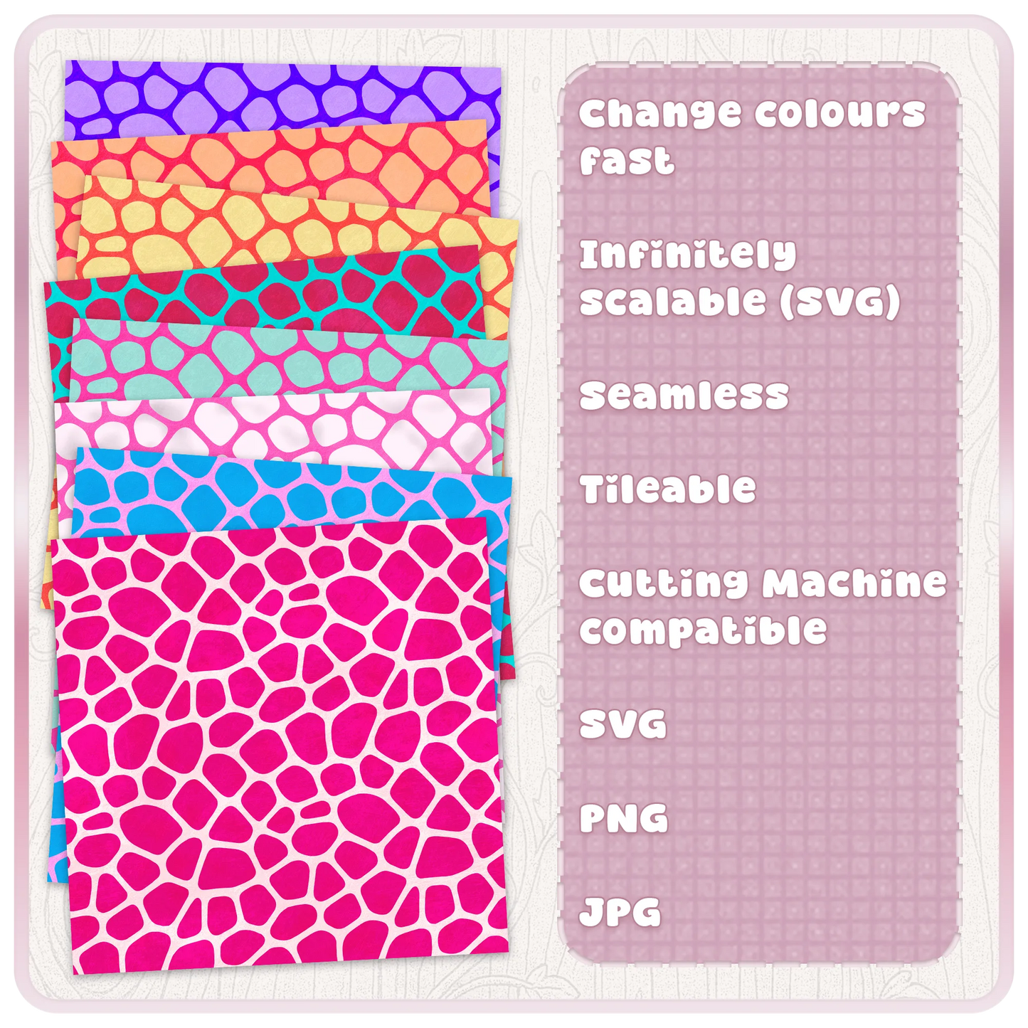 Colour examples for seamless giraffe animal print pattern showing bright safari spot digital paper variations in SVG PNG JPG formats.