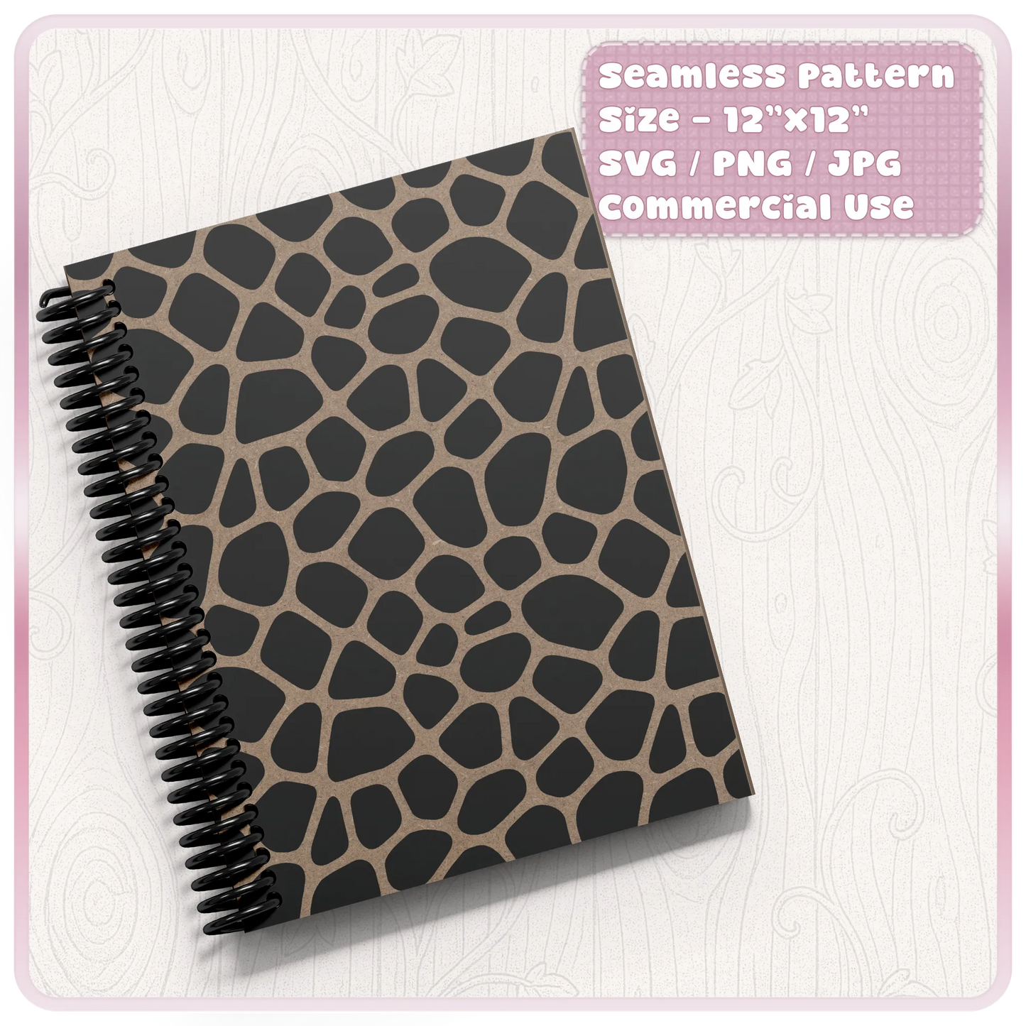 Giraffe animal print seamless pattern mockup on a spiral notebook cover, suitable for stationery, planners and printable digital paper designs.