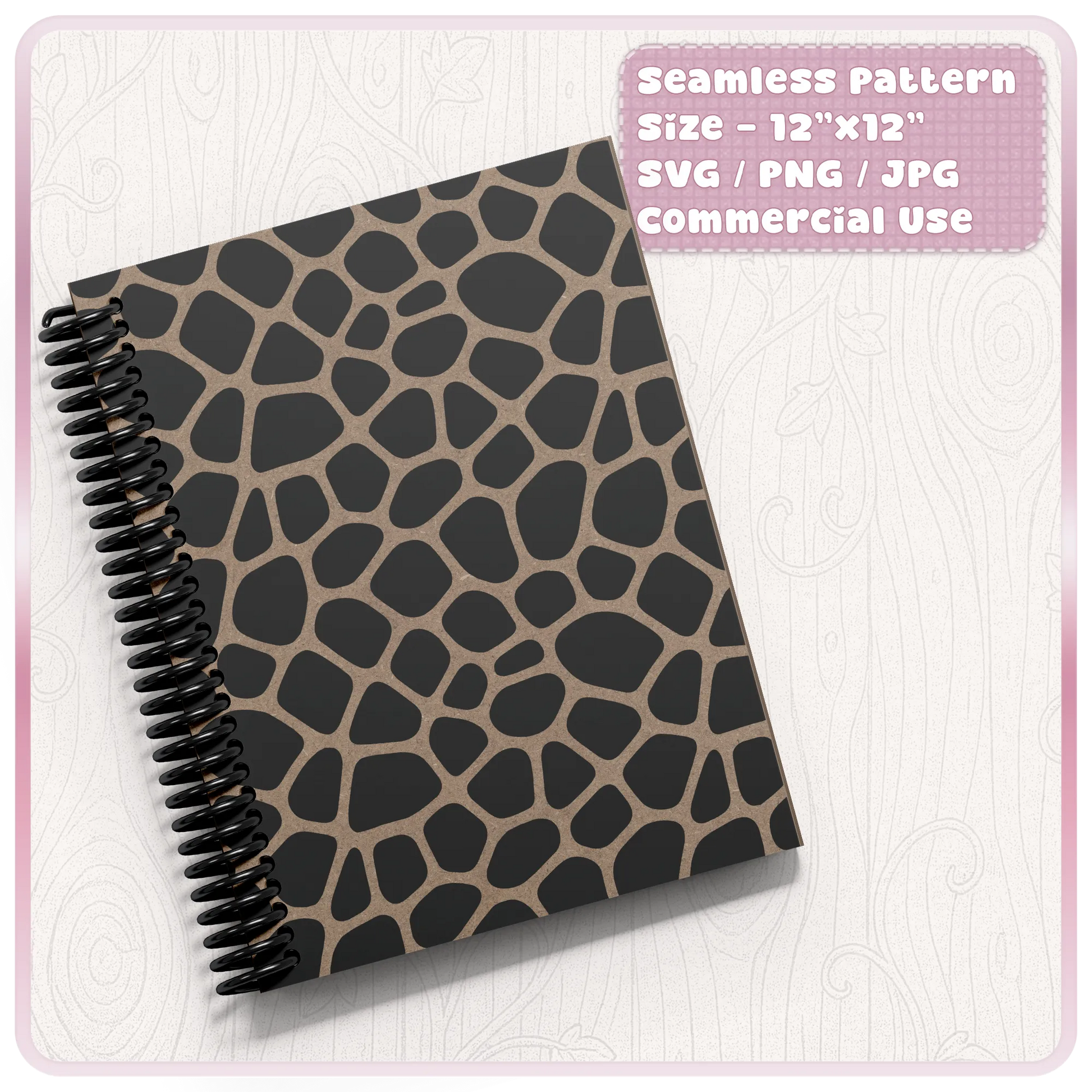 Giraffe animal print seamless pattern mockup on a spiral notebook cover, suitable for stationery, planners and printable digital paper designs.