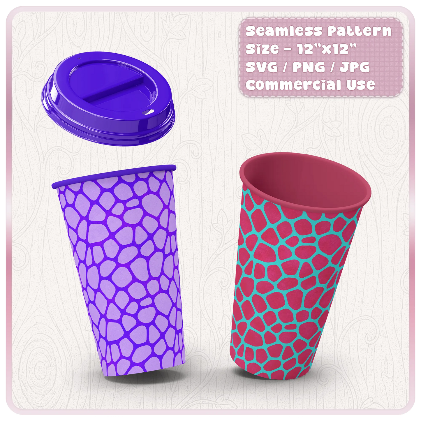 Giraffe animal print seamless pattern shown on reusable cup mockups, ideal for tumblers, cups, sublimation wraps and safari themed designs.