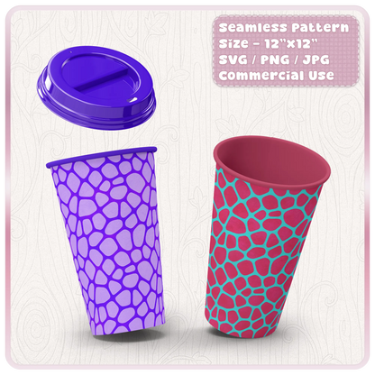 Giraffe animal print seamless pattern shown on reusable cup mockups, ideal for tumblers, cups, sublimation wraps and safari themed designs.