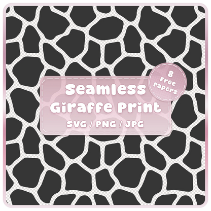 Seamless giraffe animal print pattern SVG PNG JPG digital download with black giraffe spots and pink product label.