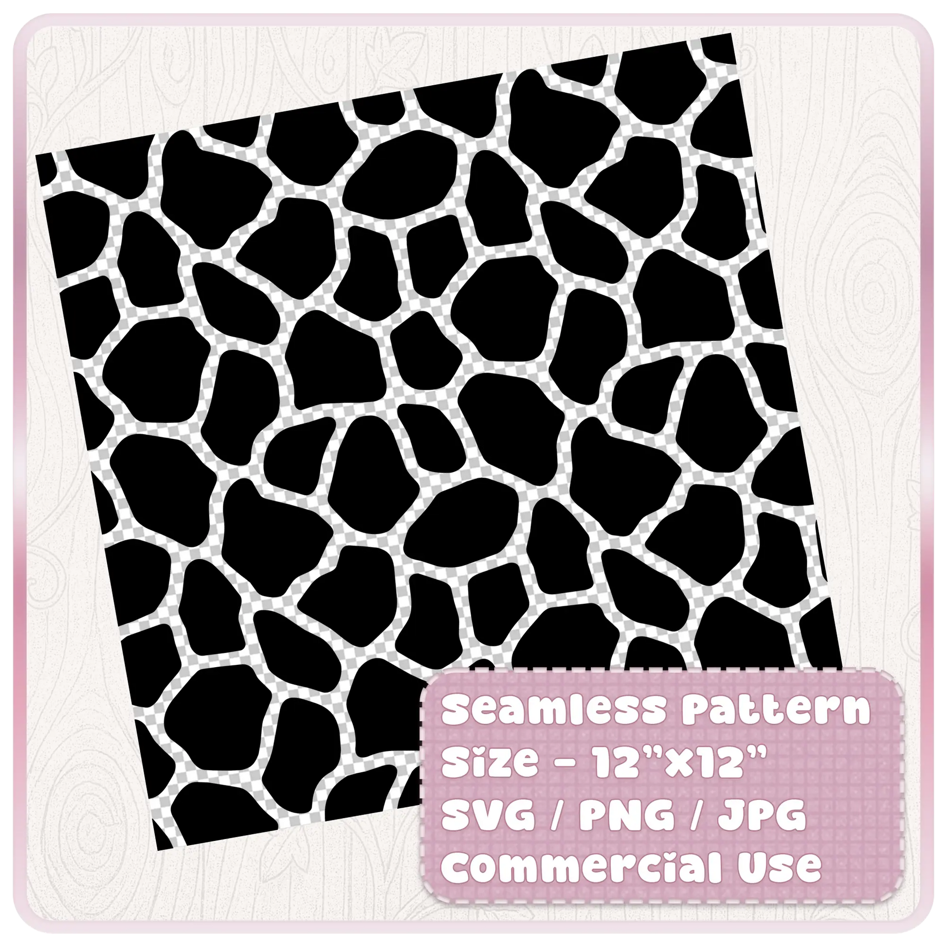 Tileable seamless giraffe print digital paper pattern shown on a 12 by 12 inch square with SVG PNG JPG commercial use details.